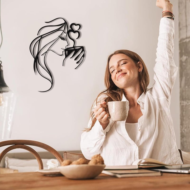 LIYAOLI 3D Black Metal Coffee Wall Art Bar Sign Decor,Kitchen Line Art Wall Decor,Woman Drinking Coffee Wall Sculptures,Unique Modern Wall Art for Living Room,Bedroom - Image 2